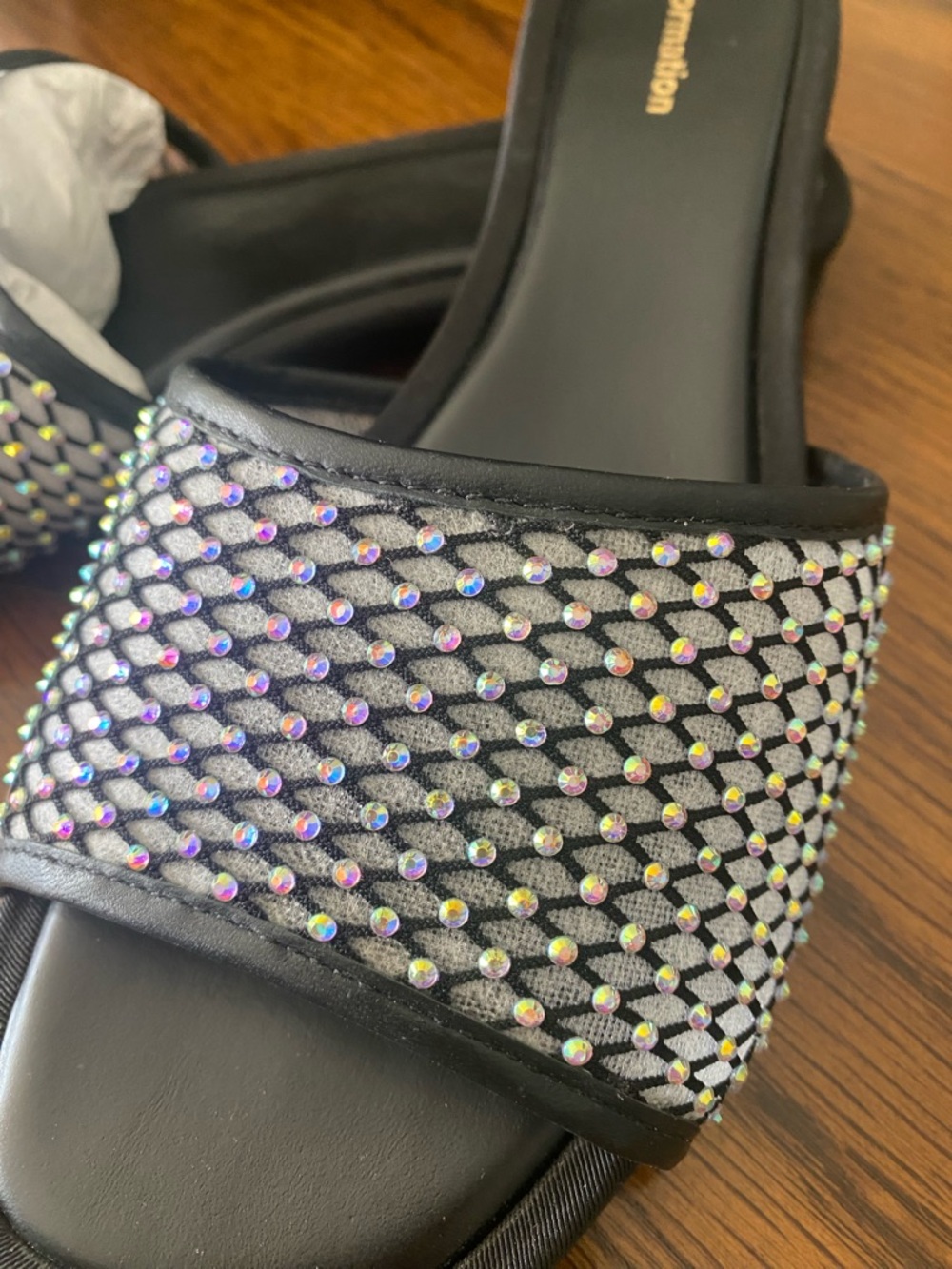 Reformation Rhinestone Mesh Slide Sandals Black Size 6 Sparkly - Picture 6 of 8